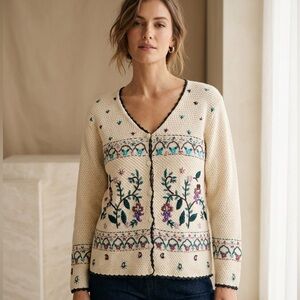 Vintage Floral Embroidered Waffle Knit Cardigan Size Small Cream 80s 90s Cottage
